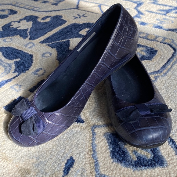 Vionic Lydia Blue Leather Croc Slip On Demi Wedge Shoes 8 / 39 - bows removed - Picture 8 of 11